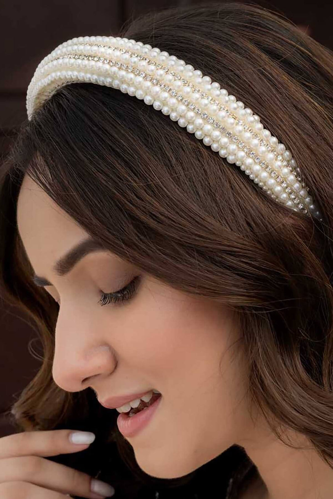 Pearls & Crystal Puff Hair Band - White