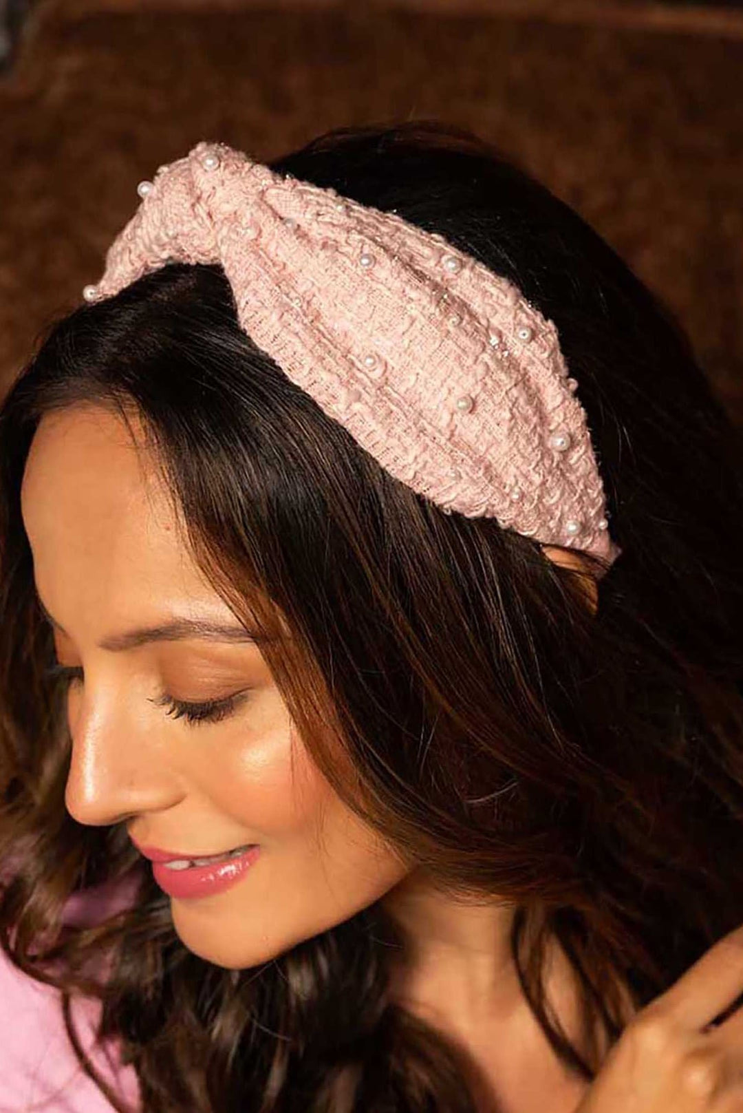 HDC X Emily In Paris Light Pink Tweed Knotted Hair Band With Pearls