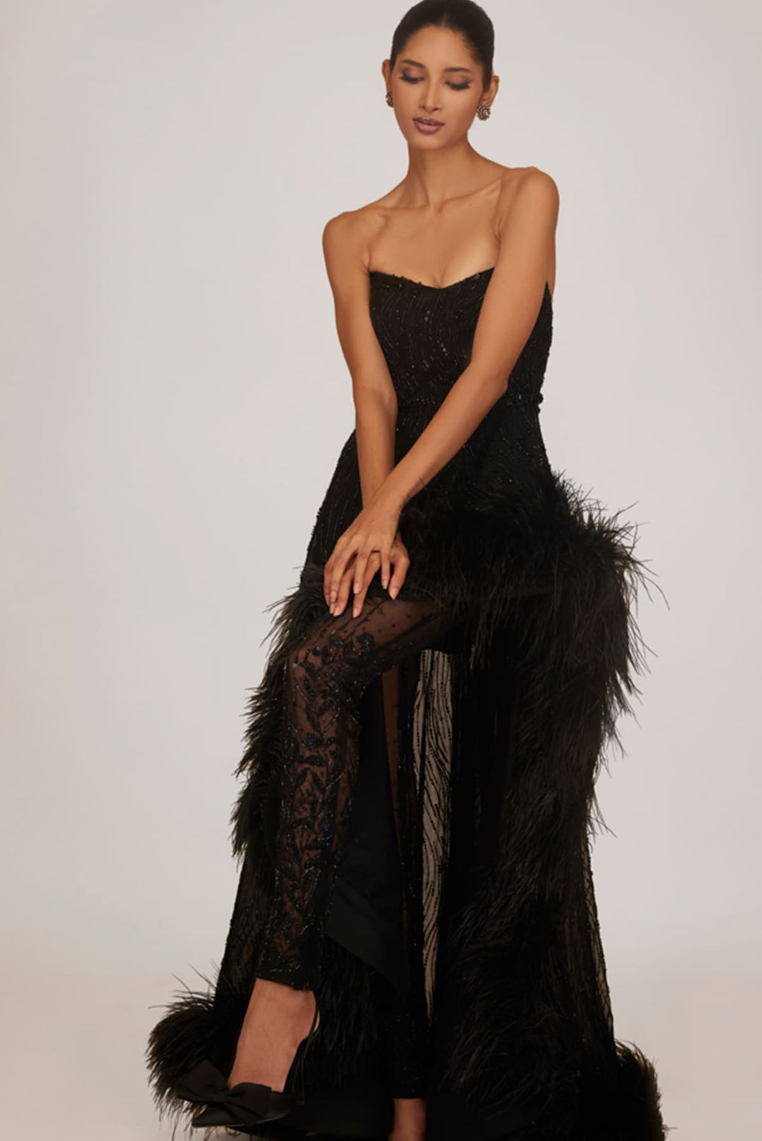 Beaded Feather Slit Gown W/ Belt