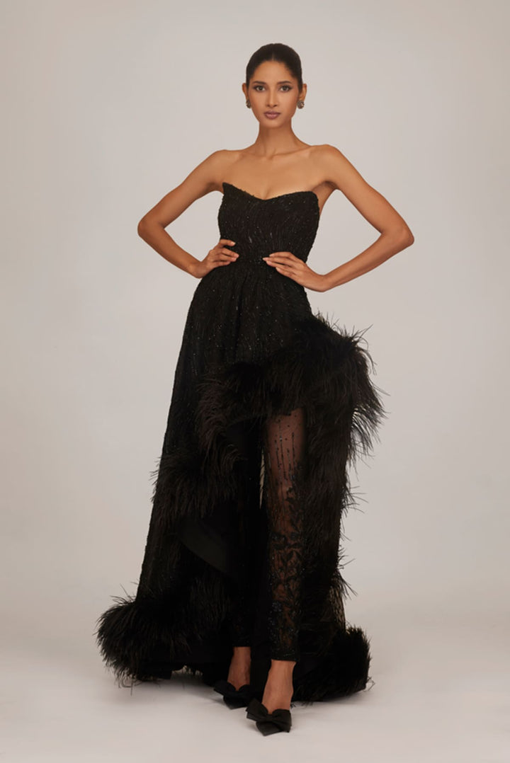 Beaded Feather Slit Gown W/ Belt