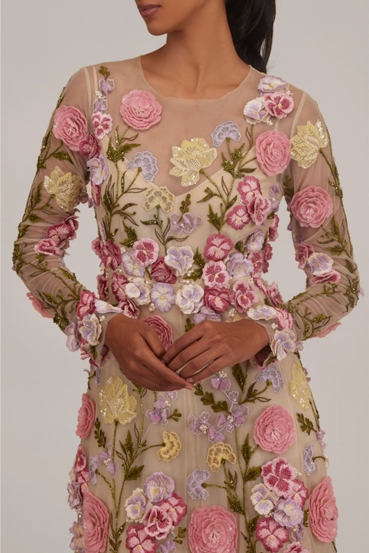 Full Sleeves 3D Floral Embellished Ott Gown