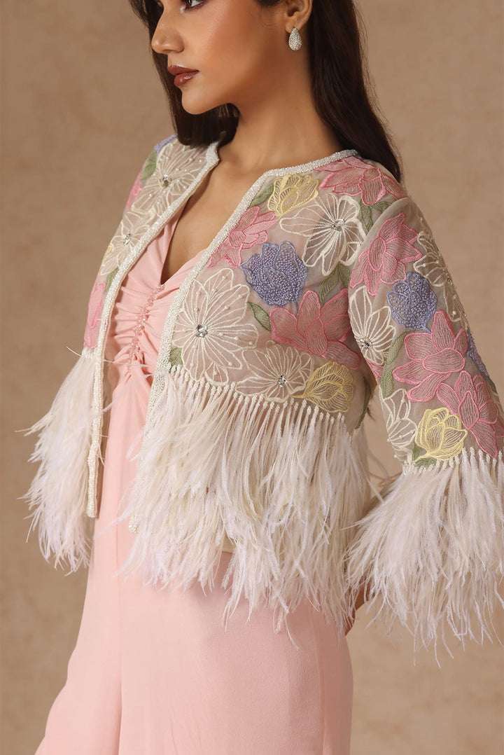 Embroidered Feather Jacket With Cropped Jumpsuit