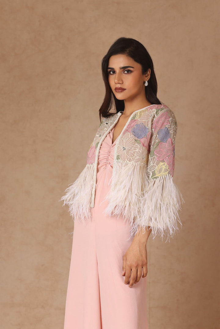 Embroidered Feather Jacket With Cropped Jumpsuit