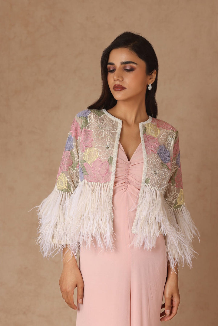 Embroidered Feather Jacket With Cropped Jumpsuit