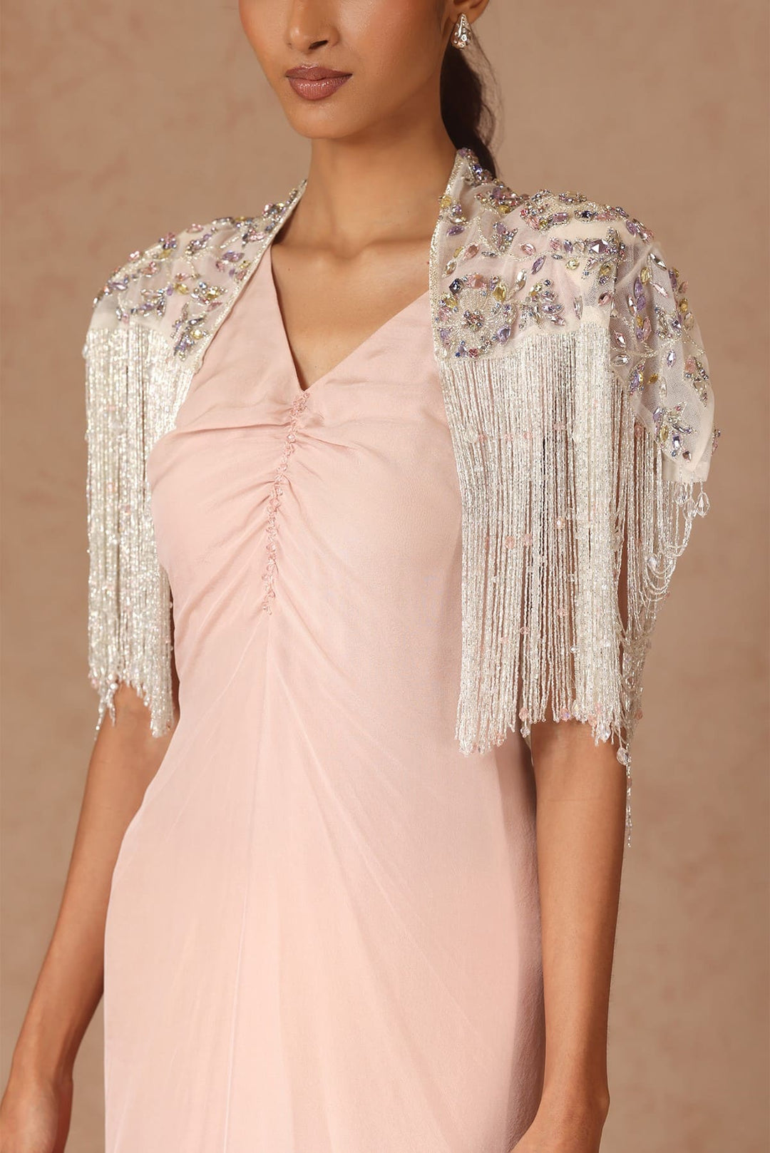 Drape Fringe Cape With Chiffon Dress