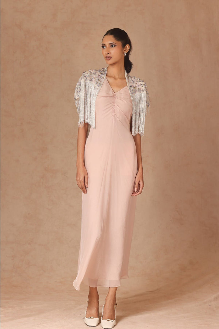 Drape Fringe Cape With Chiffon Dress