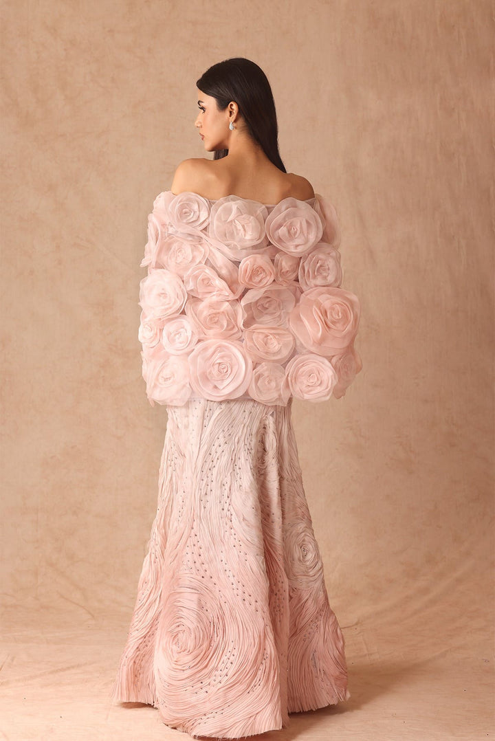 Ombre Textured Gown With 3D Flower Cape