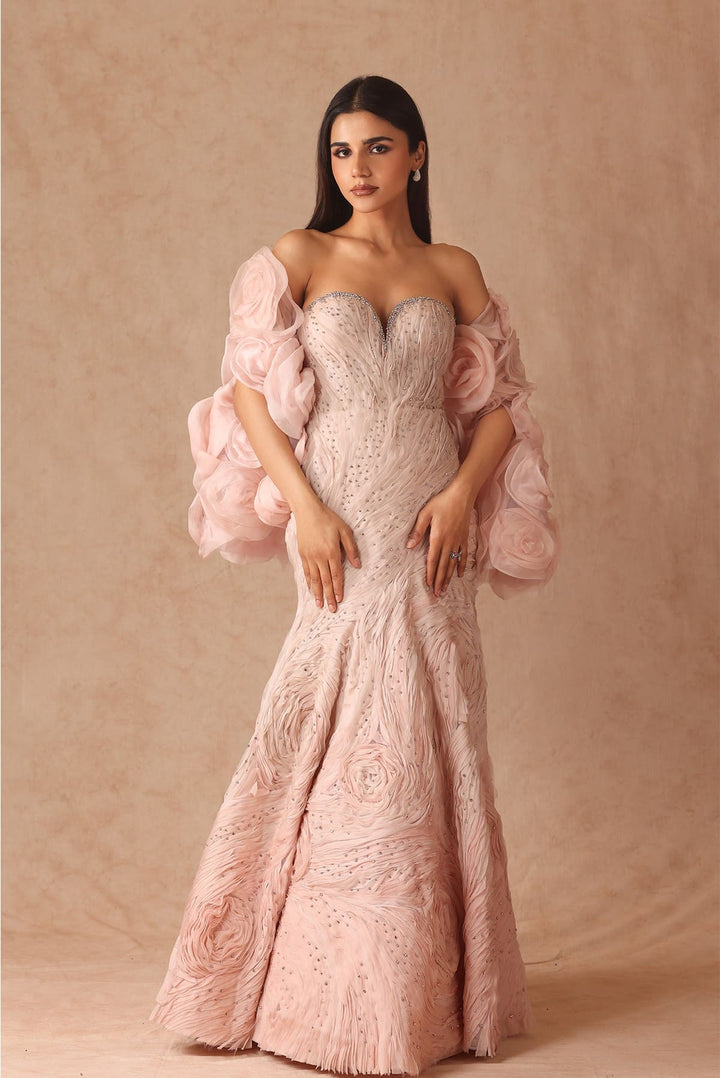 Ombre Textured Gown With 3D Flower Cape