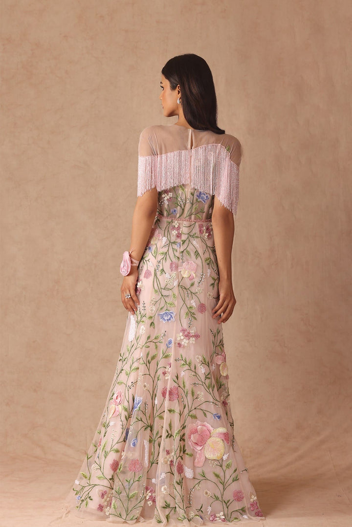 Floral Bridal Fringe Gown With Belt