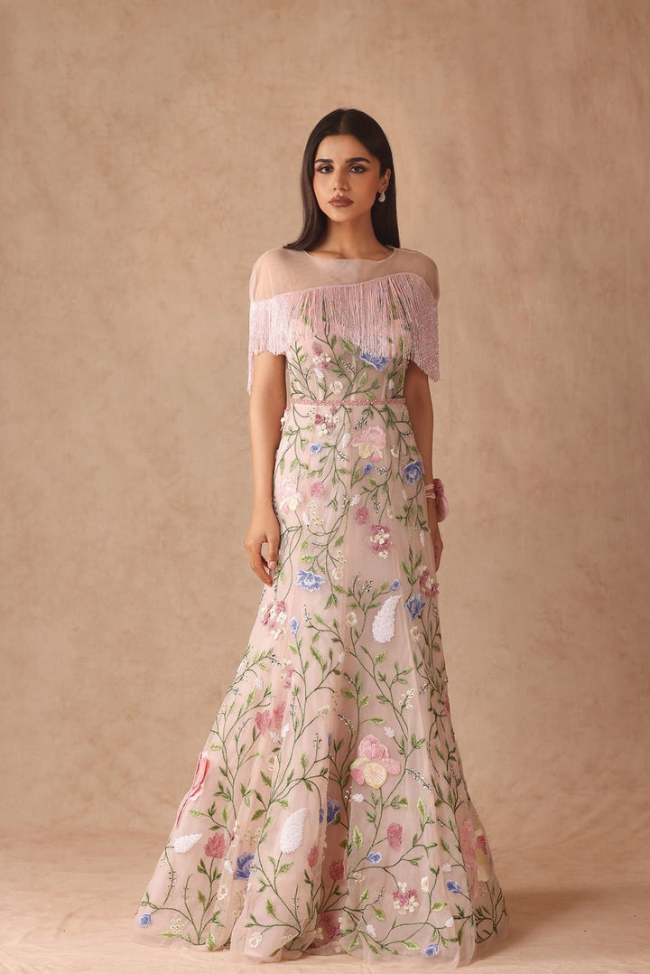 Floral Bridal Fringe Gown With Belt