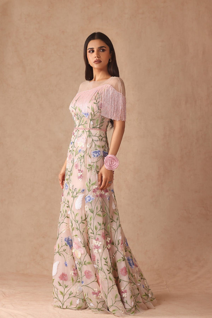 Floral Bridal Fringe Gown With Belt