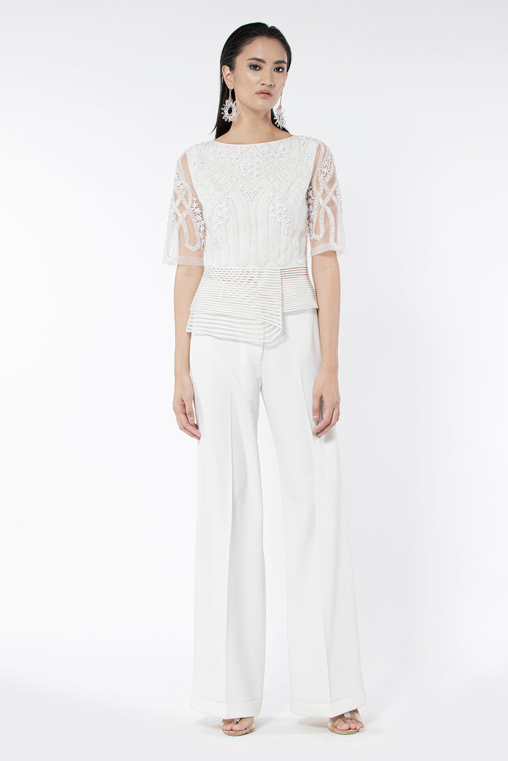 Off White Embroidered Peplum Top
