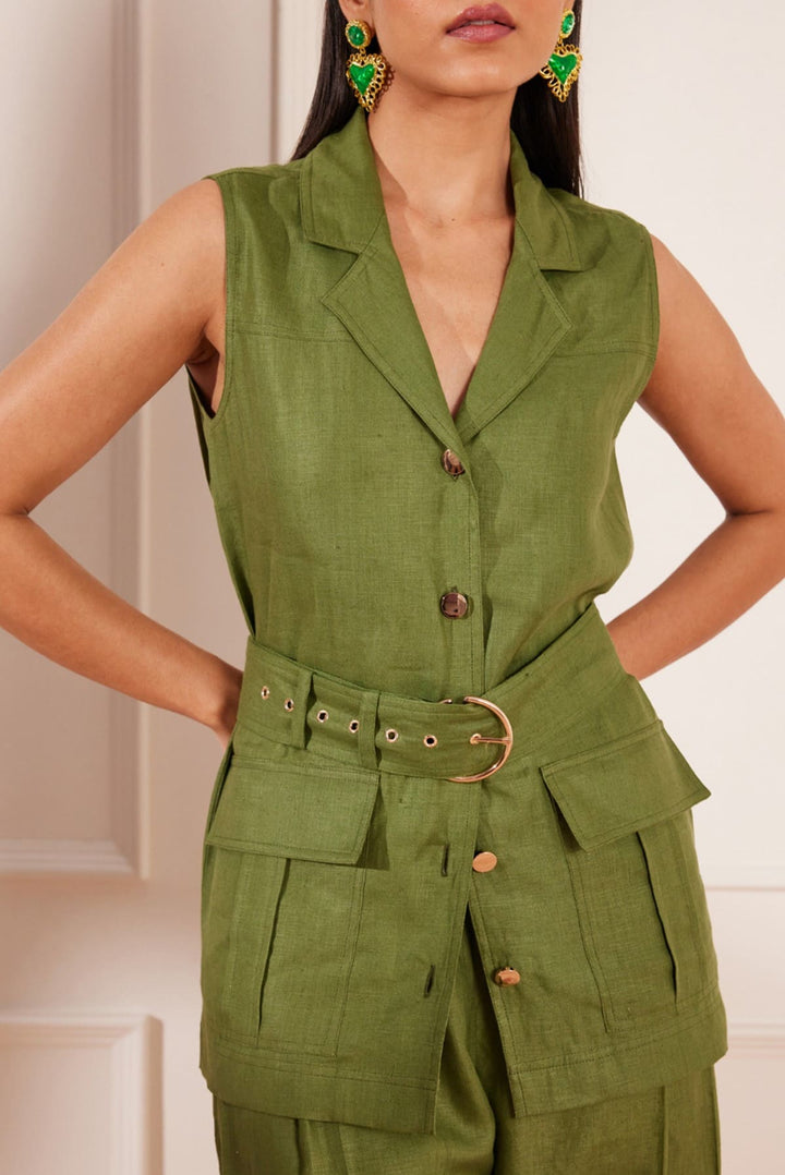 Moss Green Hemp Sleeveless Jacket