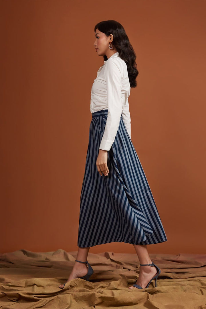 Tencel Navy Stripe Skirt with Flounce and Pocket