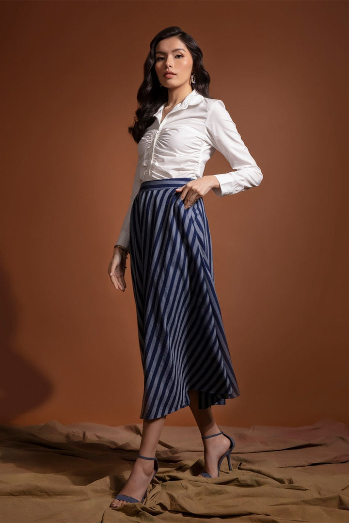 Tencel Navy Stripe Skirt with Flounce and Pocket