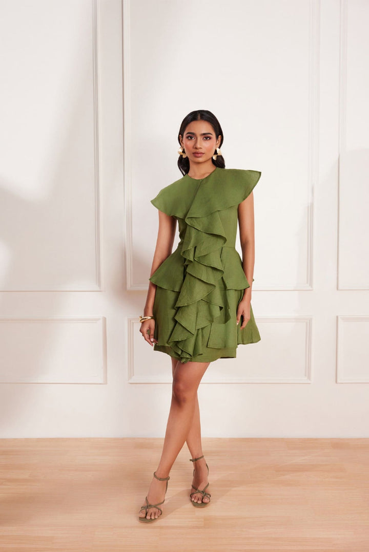Moss Green Hemp Ruffle Dress