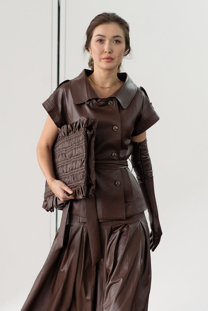 Mocha Faux Leather Box Pleat Skirt