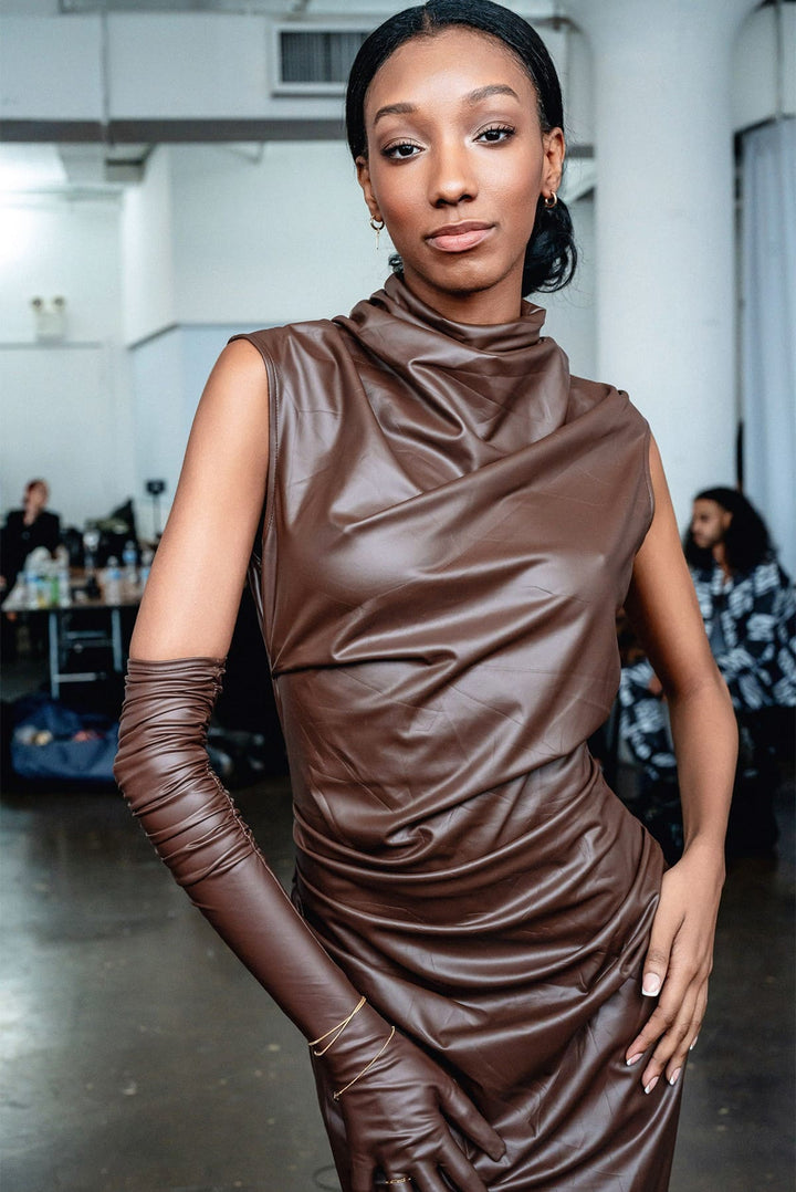 Mocha Faux Leather Draped Midi Dress