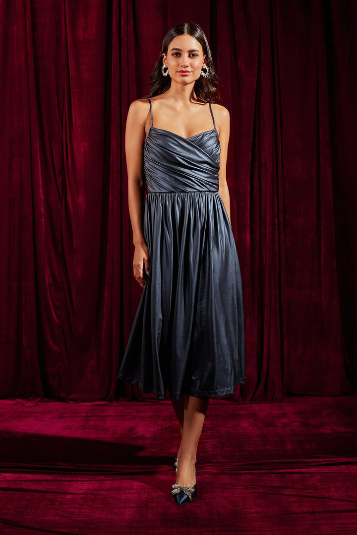 Metallic Blue Draped Bustier Midi Dress