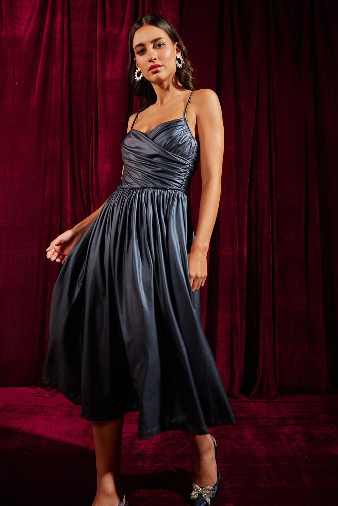 Metallic Blue Draped Bustier Midi Dress