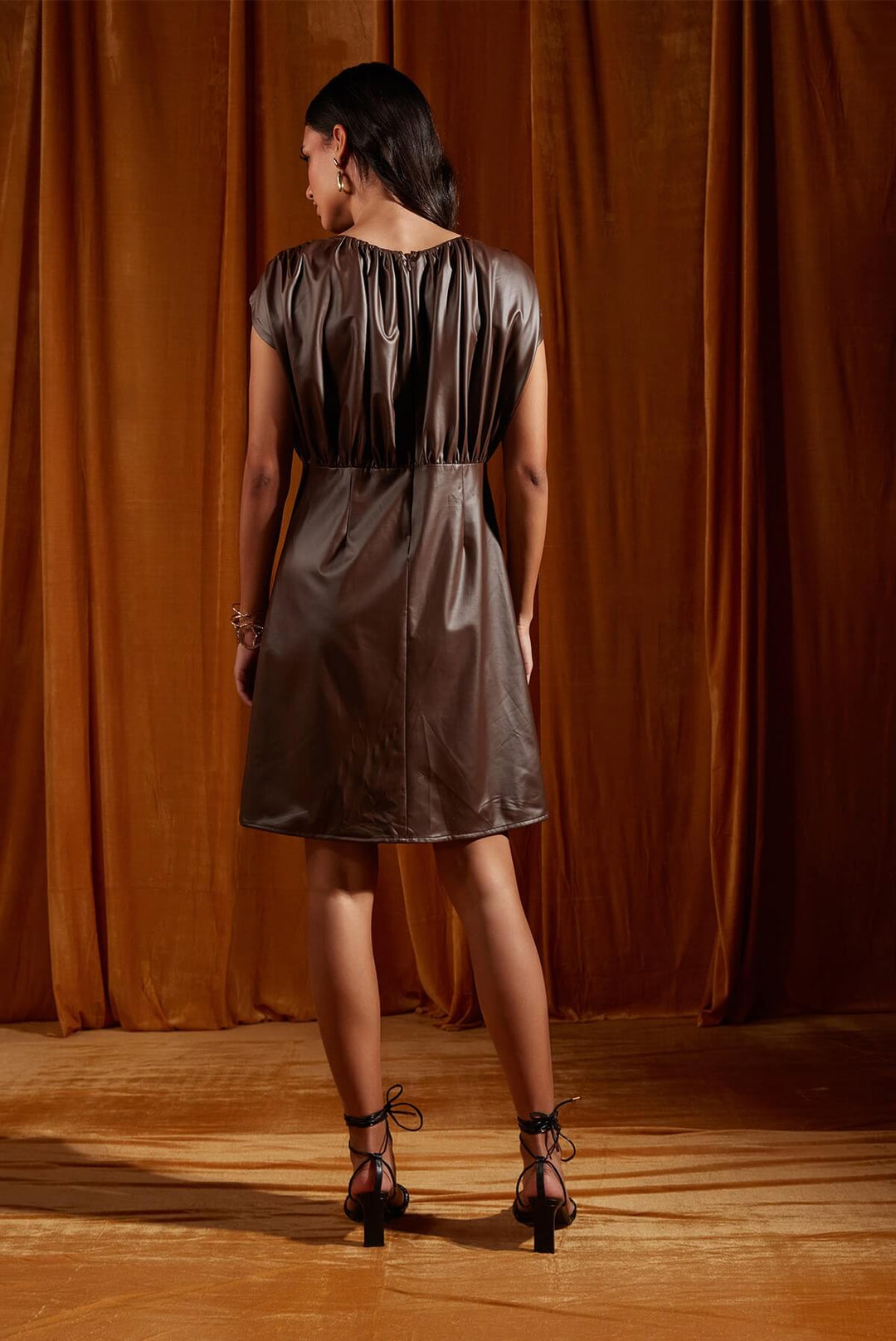 Mocha Faux Leather Ruched Shift Dress