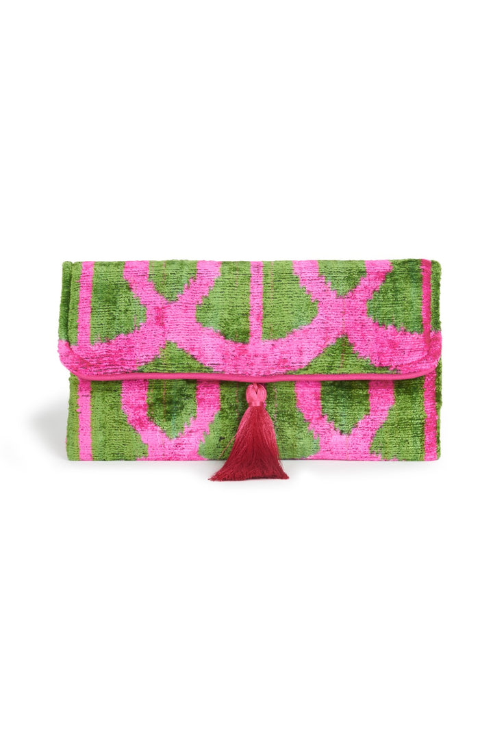 Pink- Green Velvet Silk Fold Over Clutch