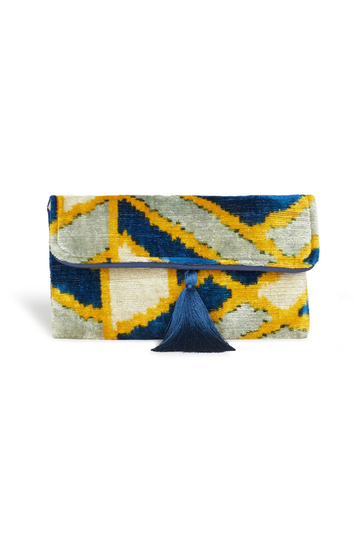 Blue-Yellow Velvet Silk Fold Over Clutch