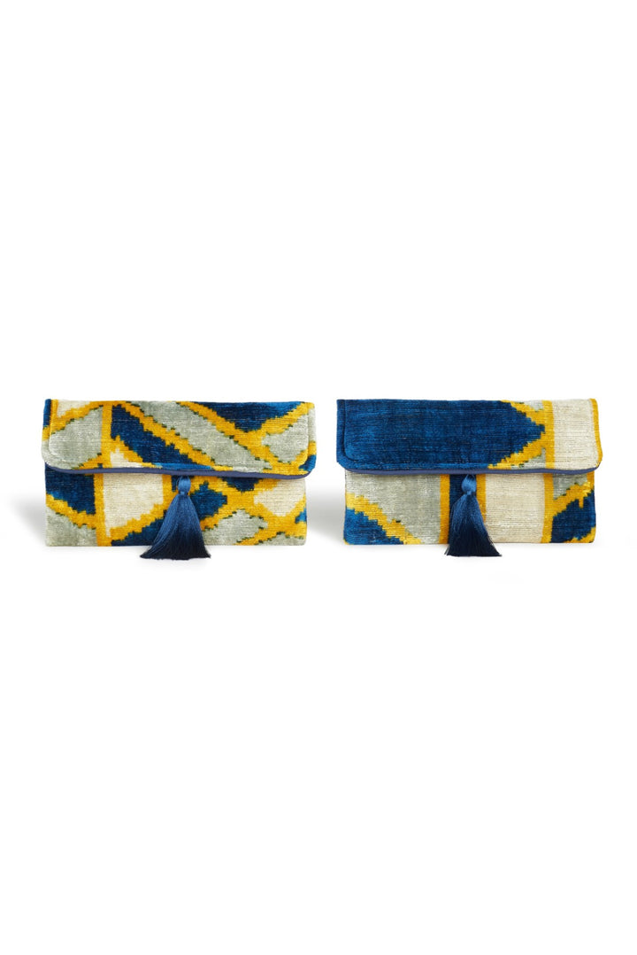 Blue-Yellow Velvet Silk Fold Over Clutch