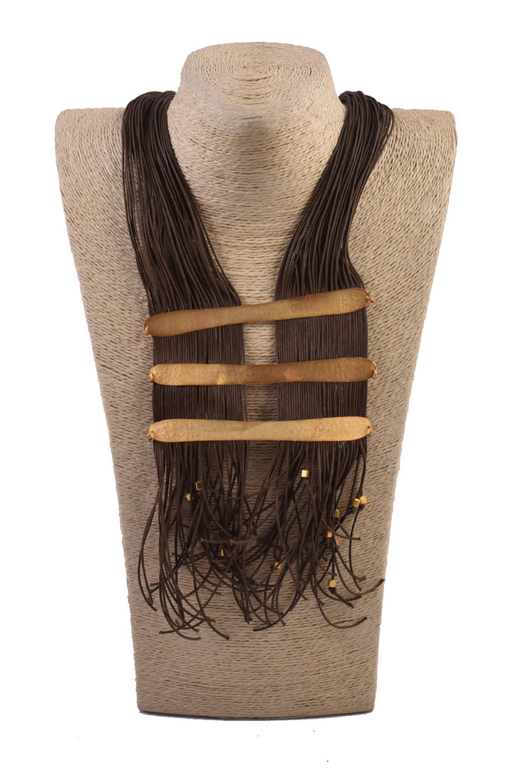 Long Neckpiece With Matt Gold Metal Plates Done In Brown Colour Cotton Cord